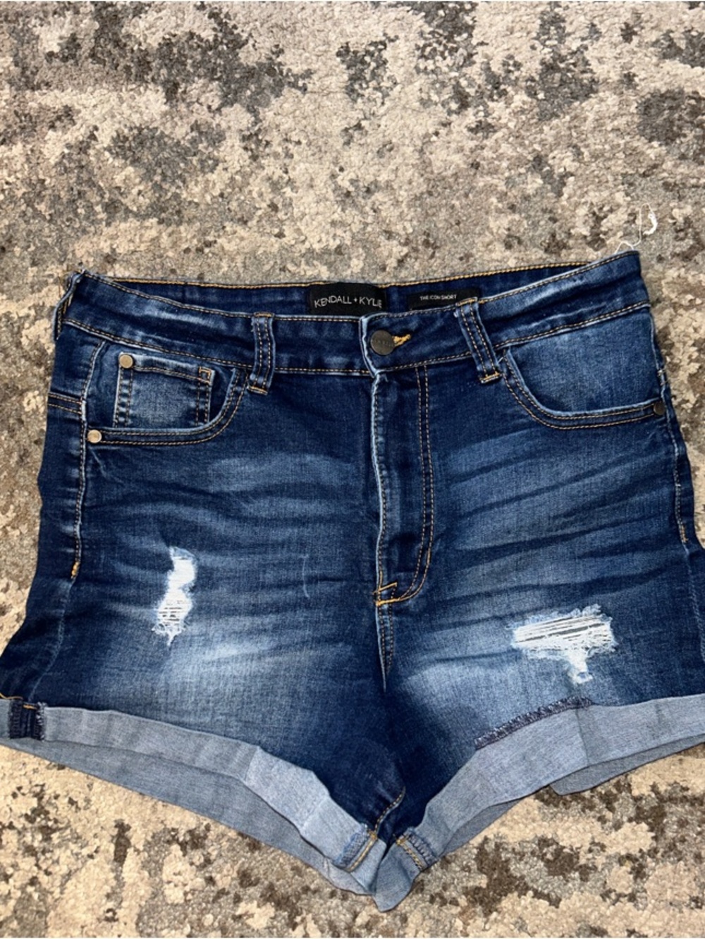 Kendall & Kylie Distressed Dark Blue Denim Roll-Cuff Shorts
